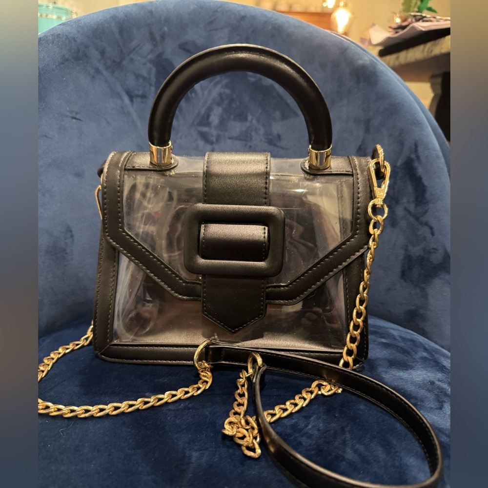 MMS Design Studio clear and Black concert handbag with gold strap